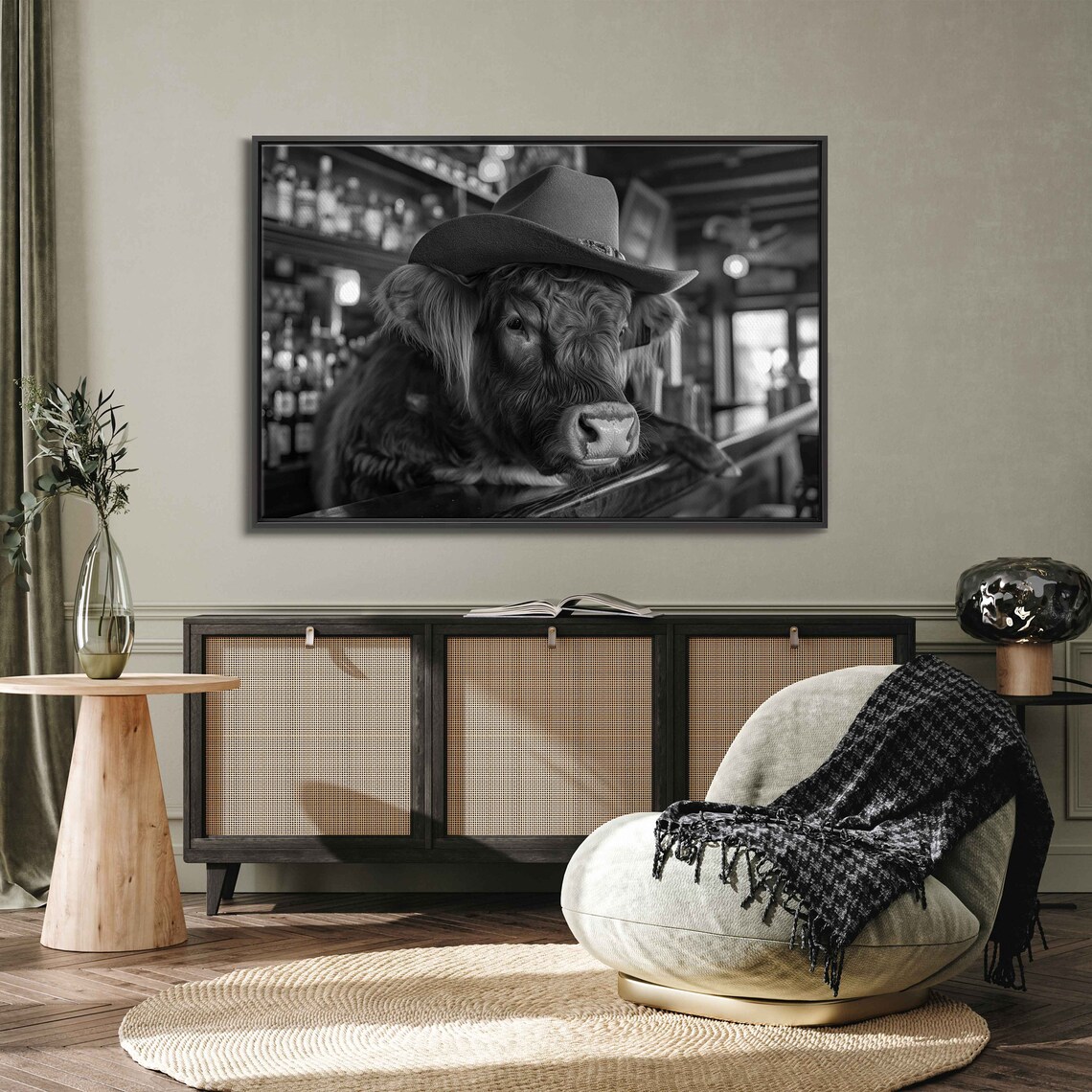 Highland Cow Cowboy Hat Bar Counter Black And White Photo Poster