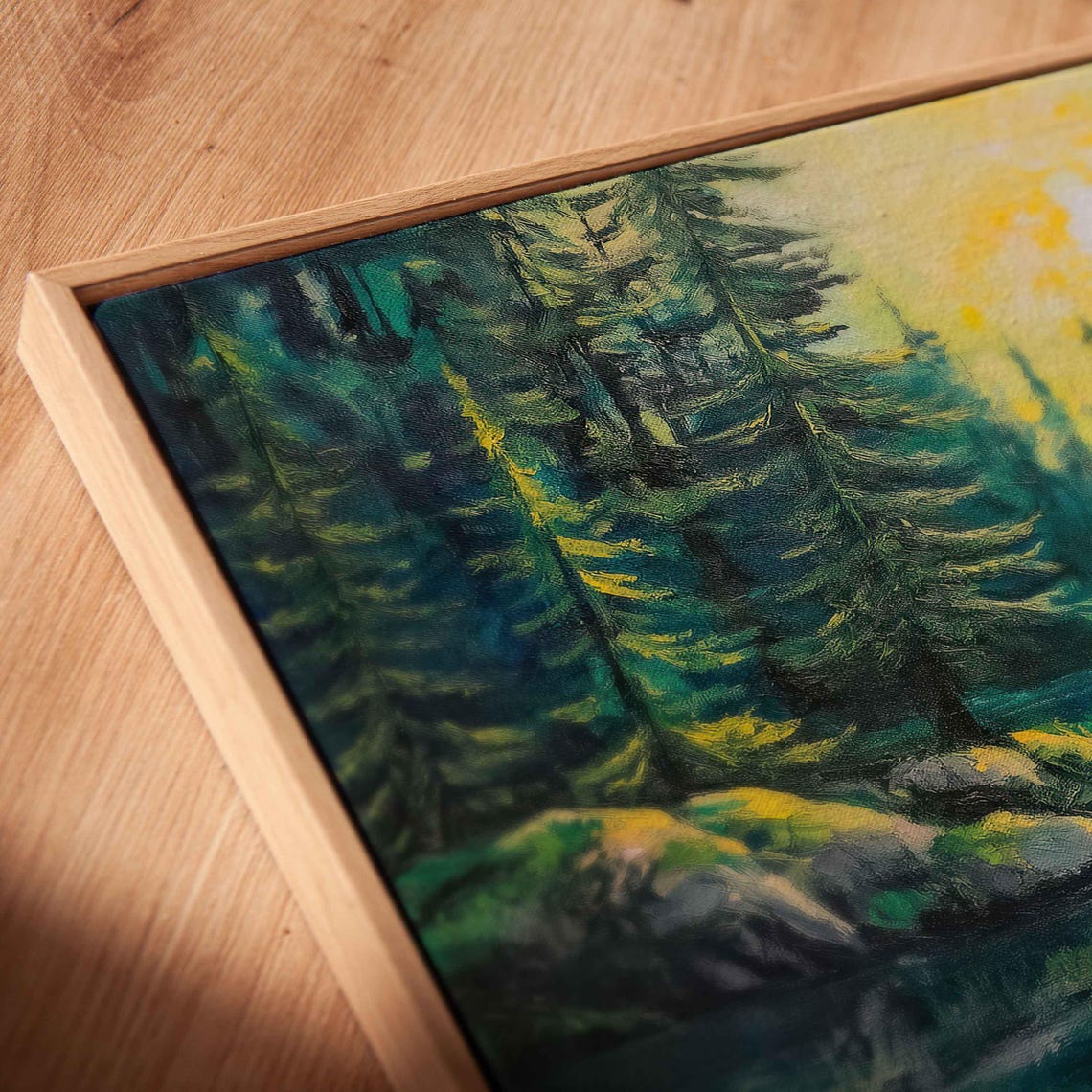Bright Yellow Canoe Serene Lake Evergreen Forest Sunlight Scene Poster - Image 2