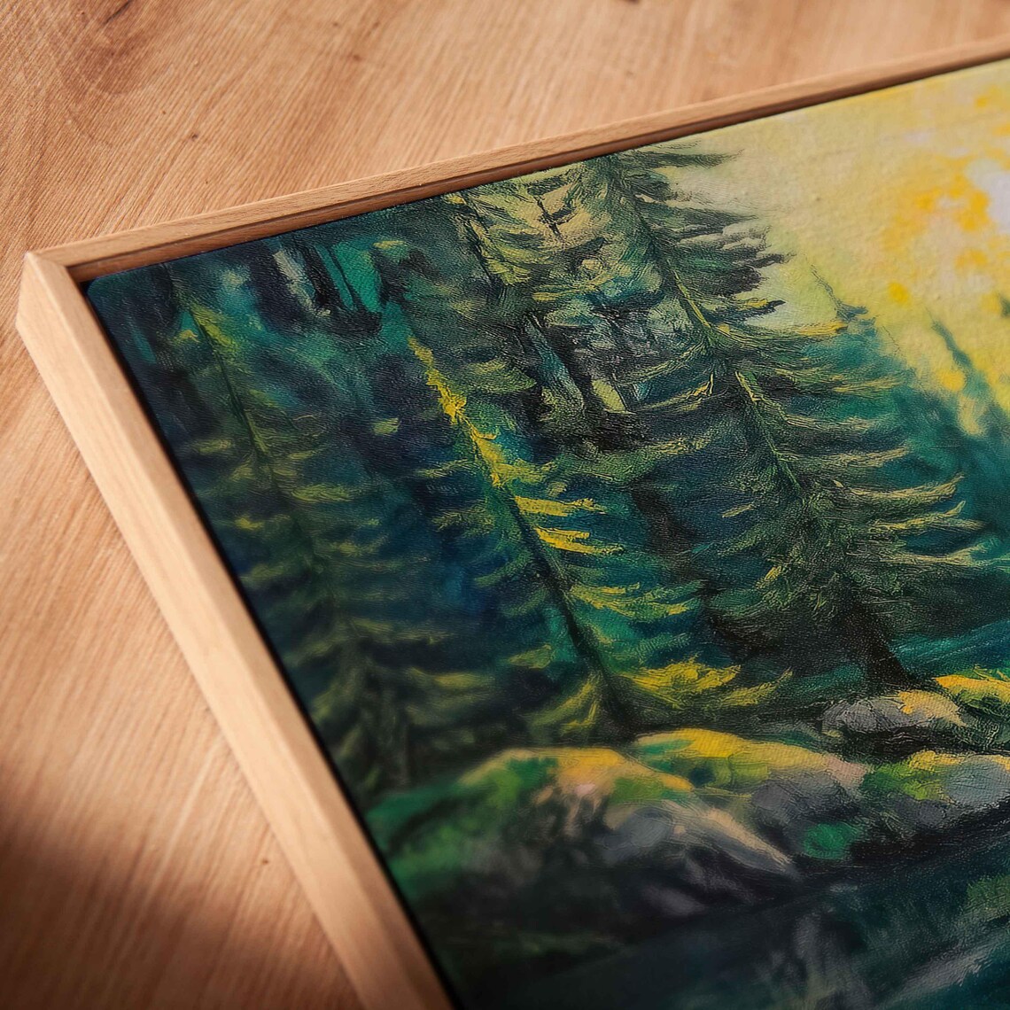 Bright Yellow Canoe Wall Art Print Serene Lake Evergreen Trees Vibrant Sunlight - Image 2