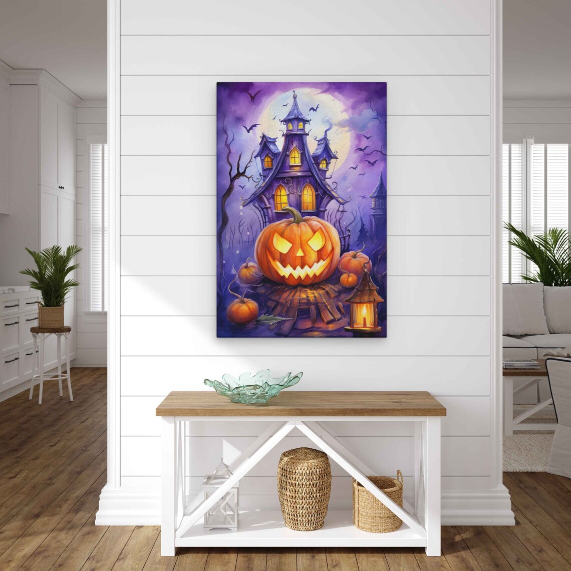 Halloween Haunted Castle Jack O Lantern Purple Sky Bats Watercolor Poster - Image 4
