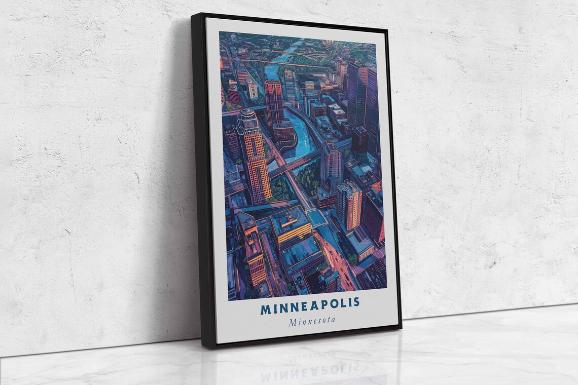 Minneapolis Minnesota Night City Lights Aerial Travel Poster - Image 2
