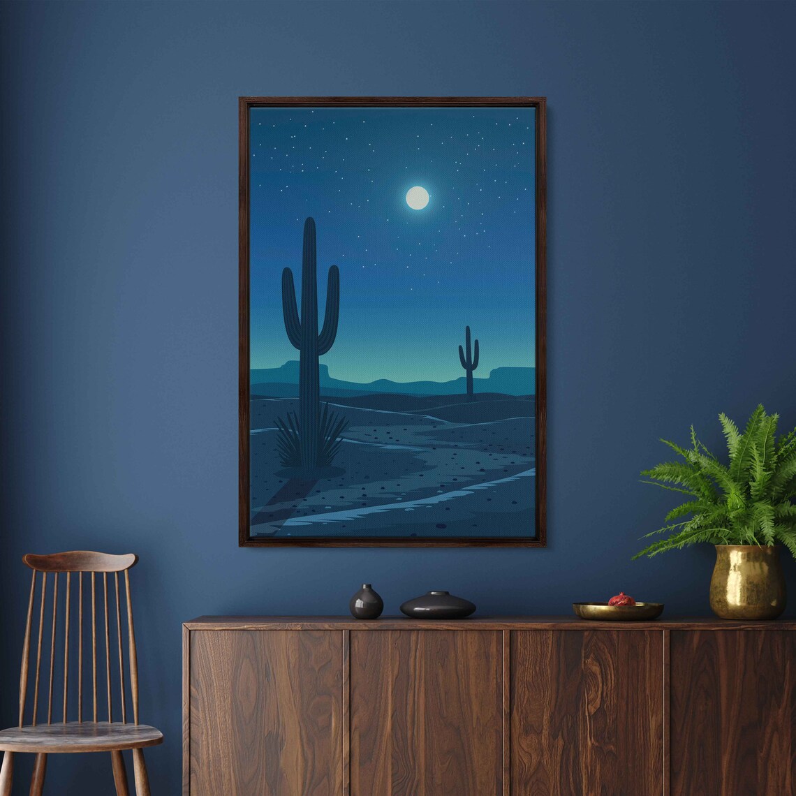 Arizona Desert Night Landscape, Minimalist Cactus Art Print