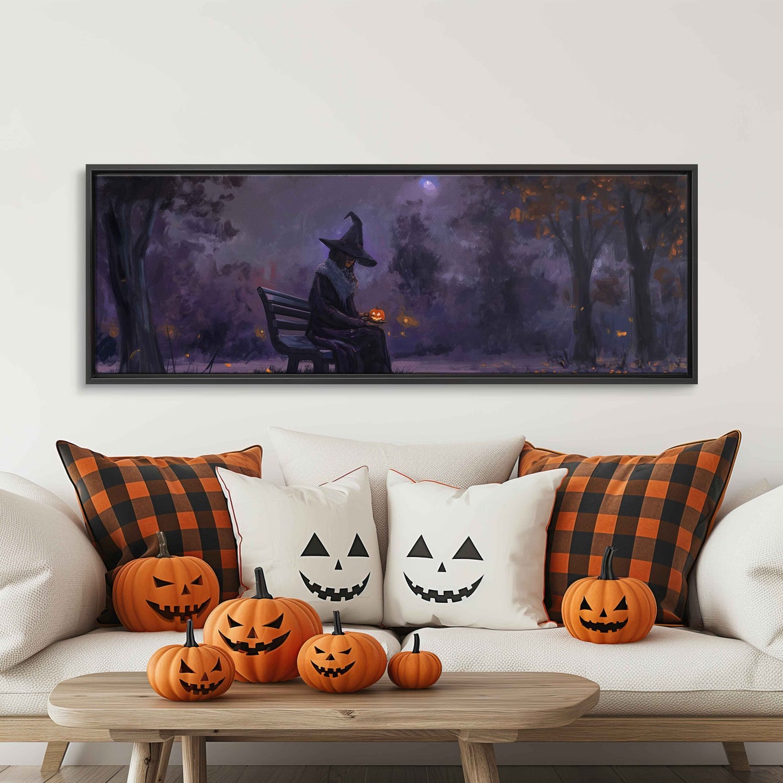 Vintage Witch on Bench With Jack O Lantern Spooky Halloween Art Print - Image 3