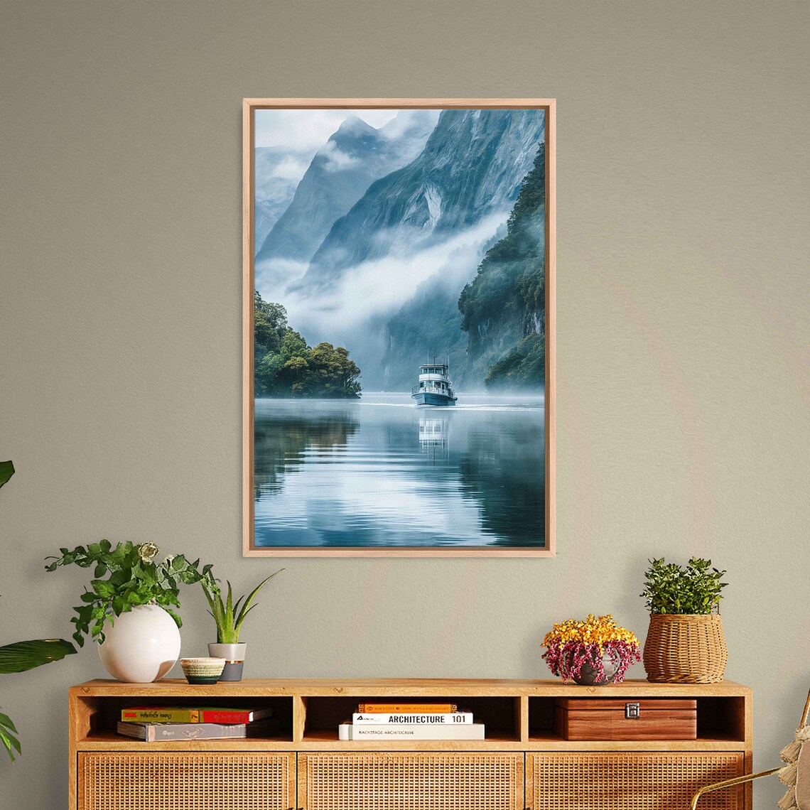 Misty Mountain Fjord Lake Boat Reflection Serene Travel Photography Poster - Image 3