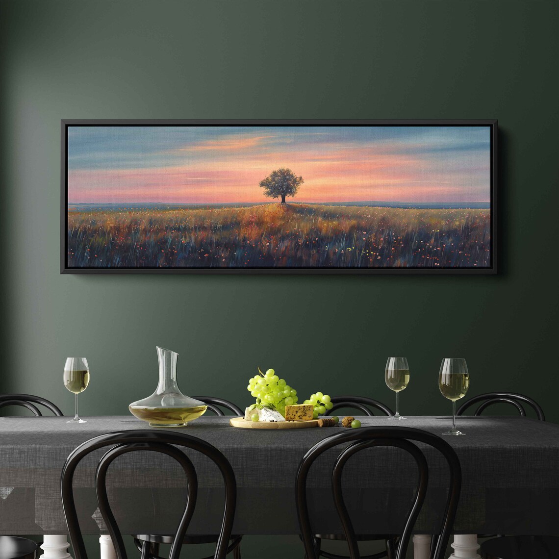Minimalistic Serene Meadow Landscape Panoramic Wall Art Print Lone Tree In Grassland Nature Painting Ready To Hang - Image 2