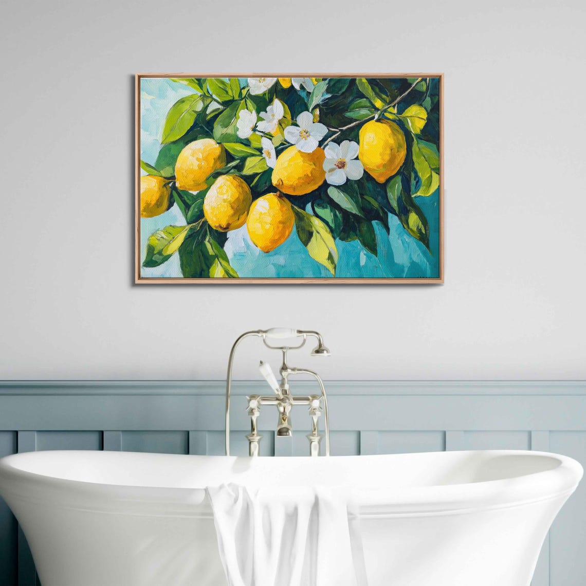 Bright Yellow Lemons With White Blossoms On Turquoise Art Print