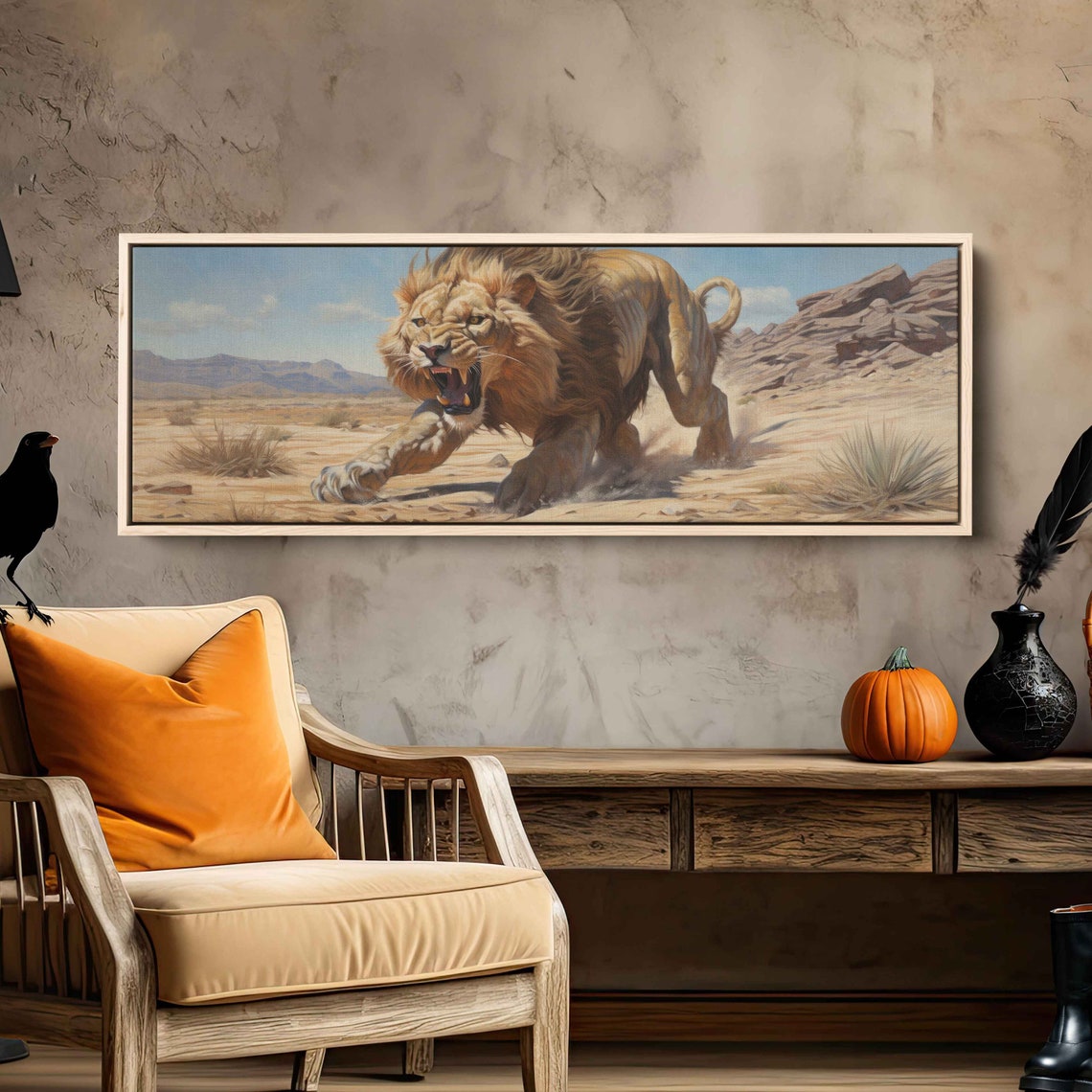 Ferocious Lion Running Through Desert Landscape Wildlife Art Print - Image 2