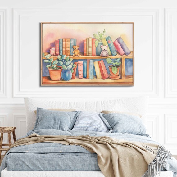 Watercolor Bookshelf With Teddy Bears and Plants Pastel Nursery Wall Poster