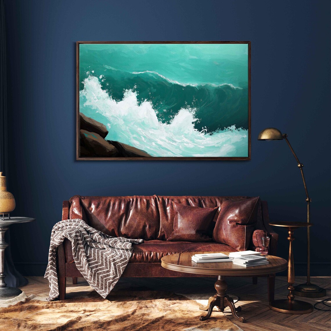 Teal Ocean Wave Crashing Against Rocky Shore Dramatic Seascape Art Poster - Image 3