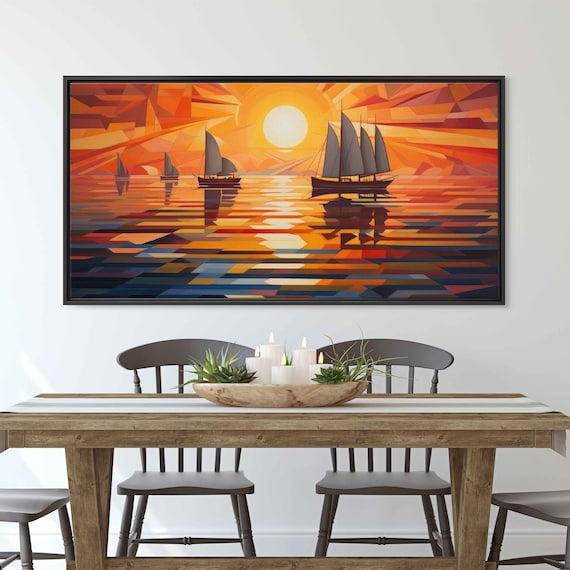 Geometric Art Deco Sailboats On Orange Sunset Sea Abstract Poster