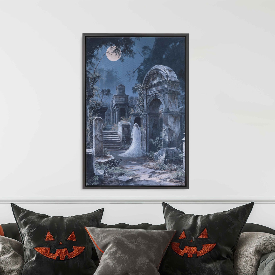 Ghostly Bride Walking Through Overgrown Moonlit Cemetery Wall Art - Image 3