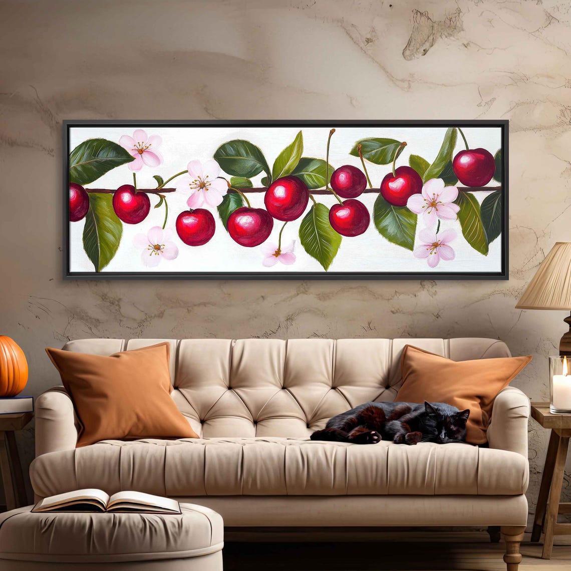 Red Cherries Pink Blossoms Branch Panoramic Watercolor Kitchen Poster - Image 3