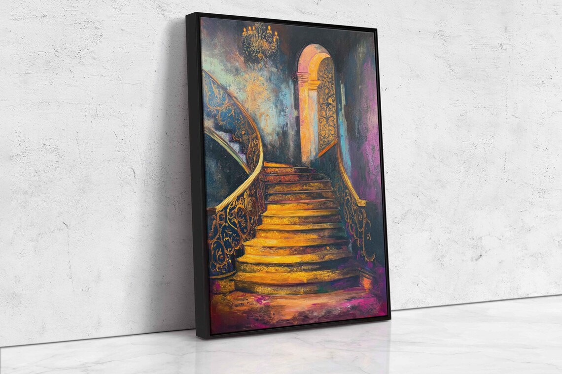 Opulent Golden Staircase Painting Ornate Railings Moody Canvas Wall Art - Image 4