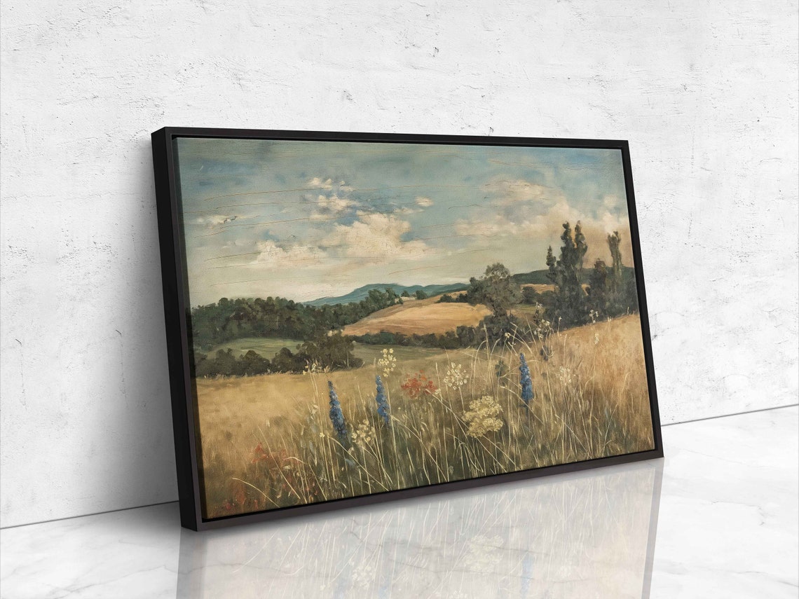Vintage Landscape Painting Lush Greenery Cloudy Blue Sky Wall Art Print Ready To Hang - Image 4