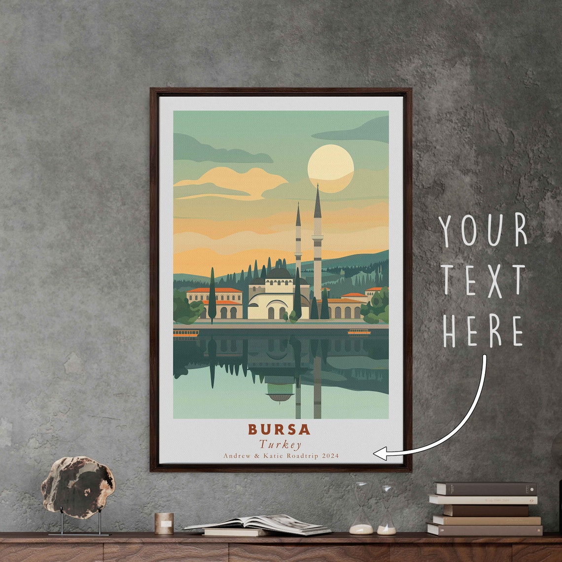 Bursa Turkey Mosque Minarets Water Reflection Moonlight Travel Poster - Image 3