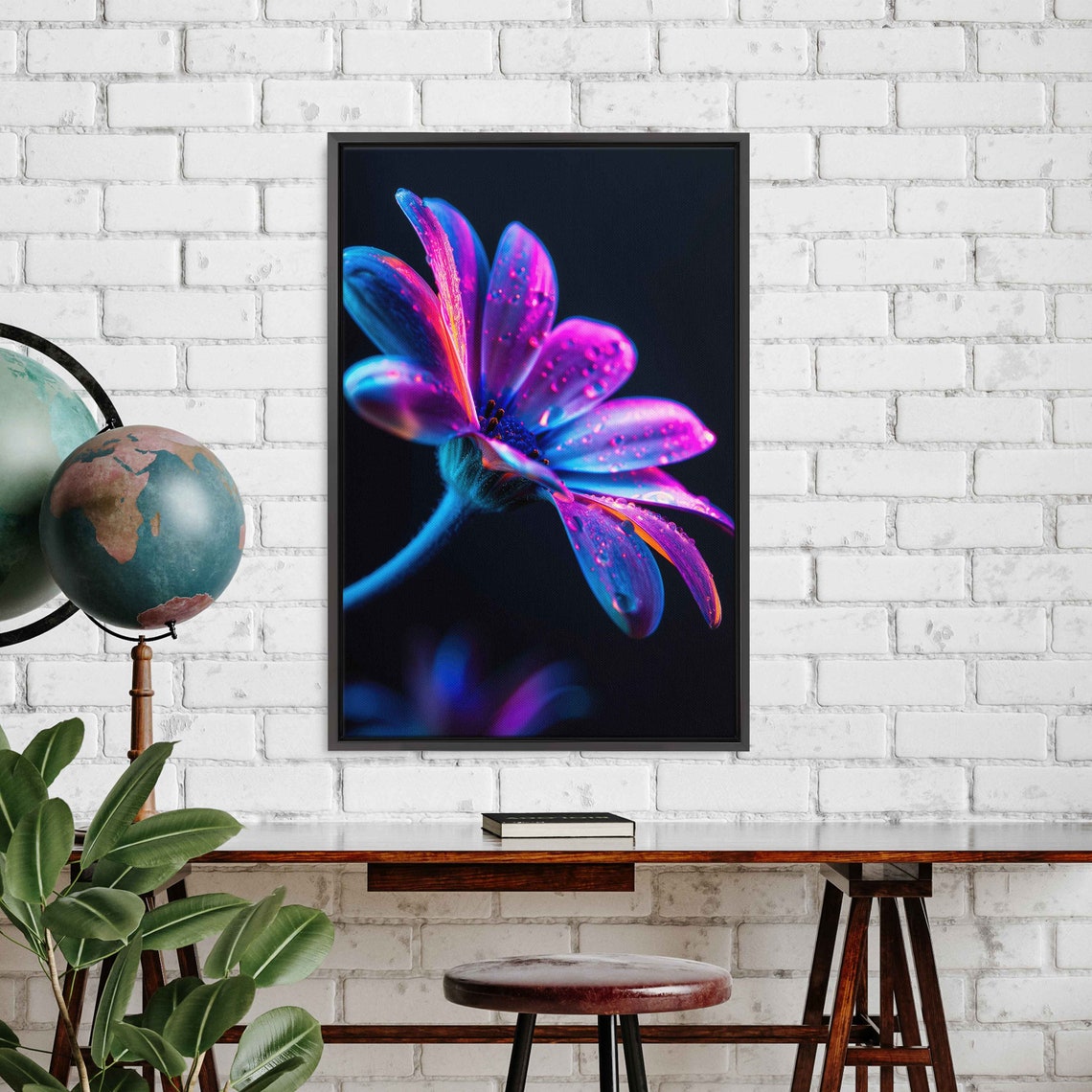 Neon Magenta Flower Macro Photography Dew Drops Black Poster
