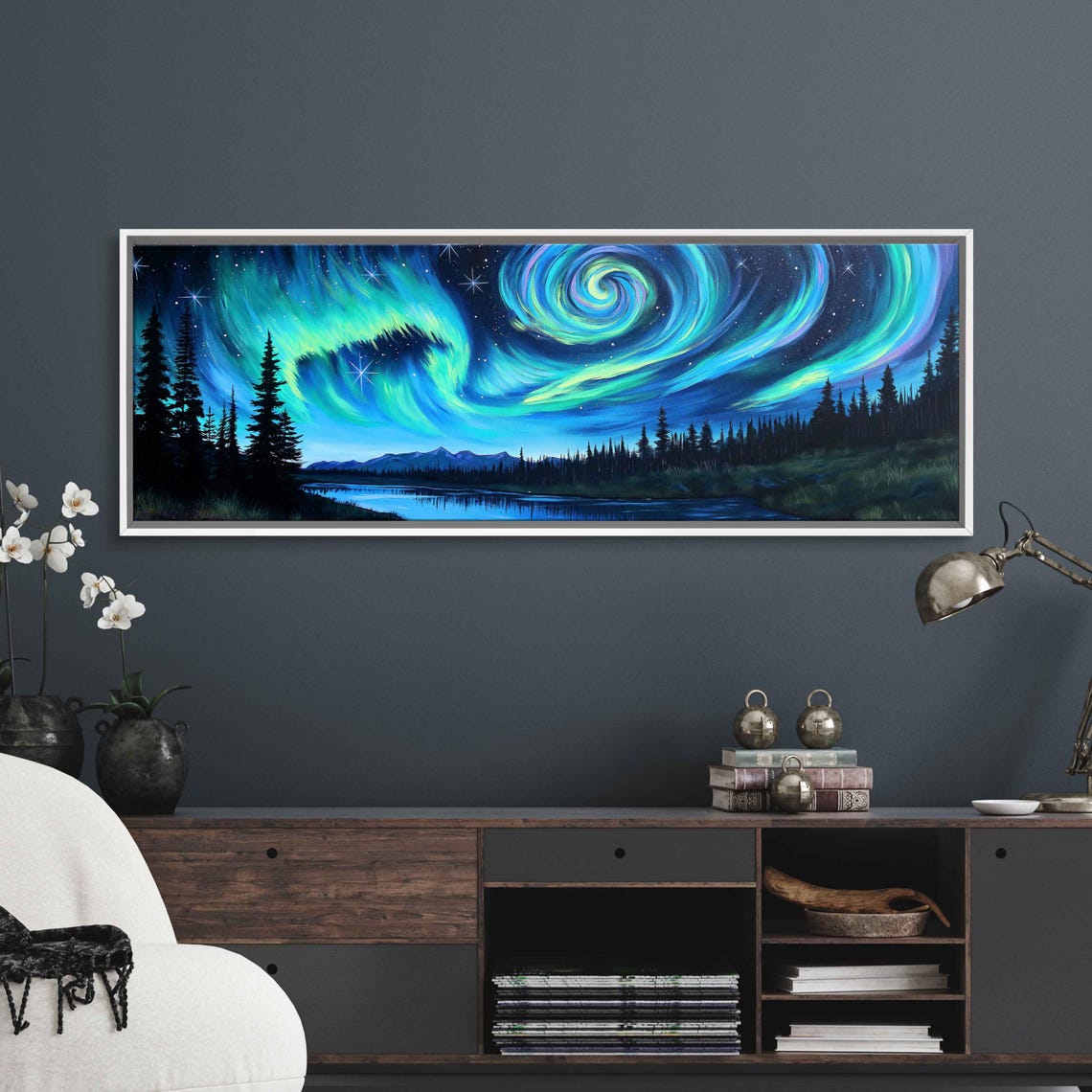 Swirling Northern Lights Over Mirror Lake And Pine Forest Night Poster - Image 3