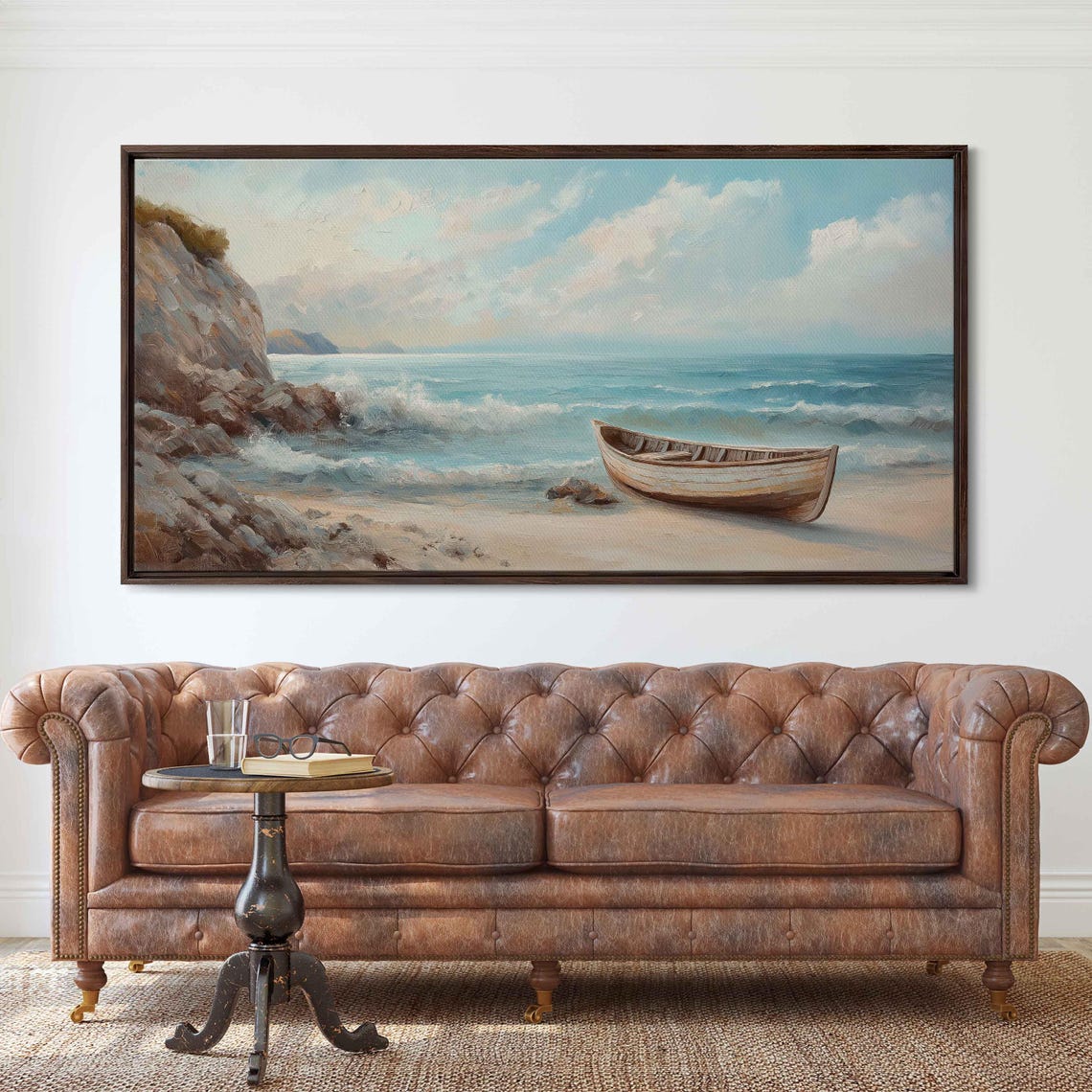 Vintage Seaside Rocky Coastline Old Boat Turquoise Ocean Beach Poster