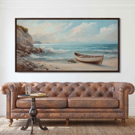 Vintage Seaside Rocky Coastline Old Boat Turquoise Ocean Beach Poster
