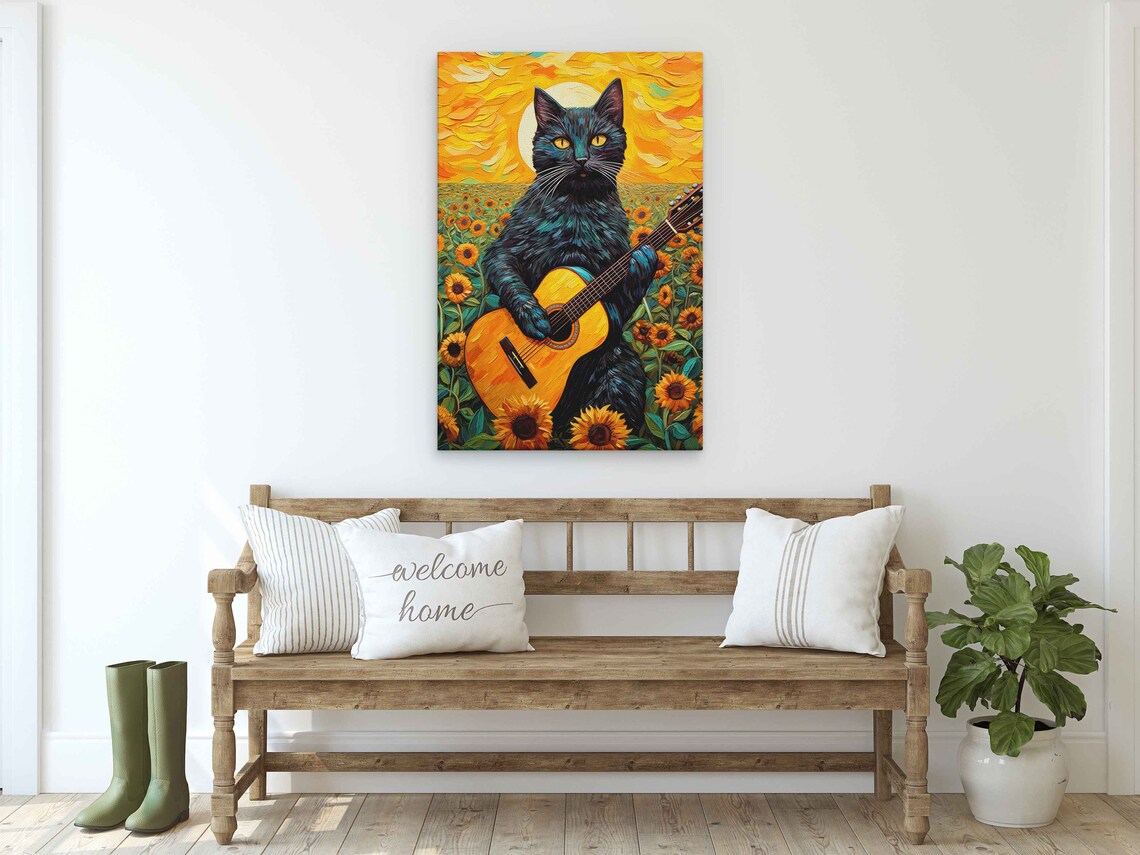 Van Gogh-Inspired Cat Playing Classical Guitar Art Print - Image 2