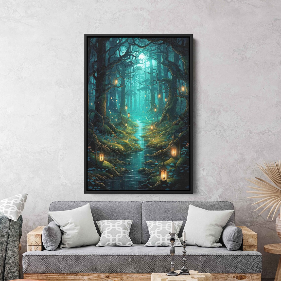 Enchanted Lantern Forest Winding Stream Magical Pond Fantasy Art Wall Art Print Ready To Hang - Image 3