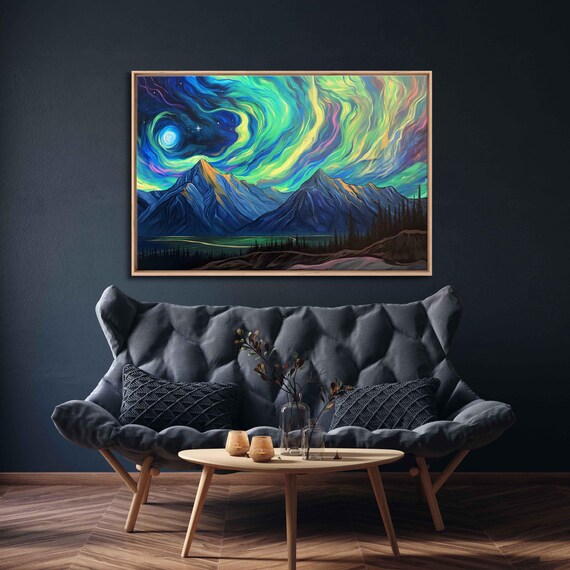 Stunning Northern Lights In Sky Over Mountain Range Acrylic Wall Art Print Van Gogh Inspired Starry Night Sky Ready To Hang