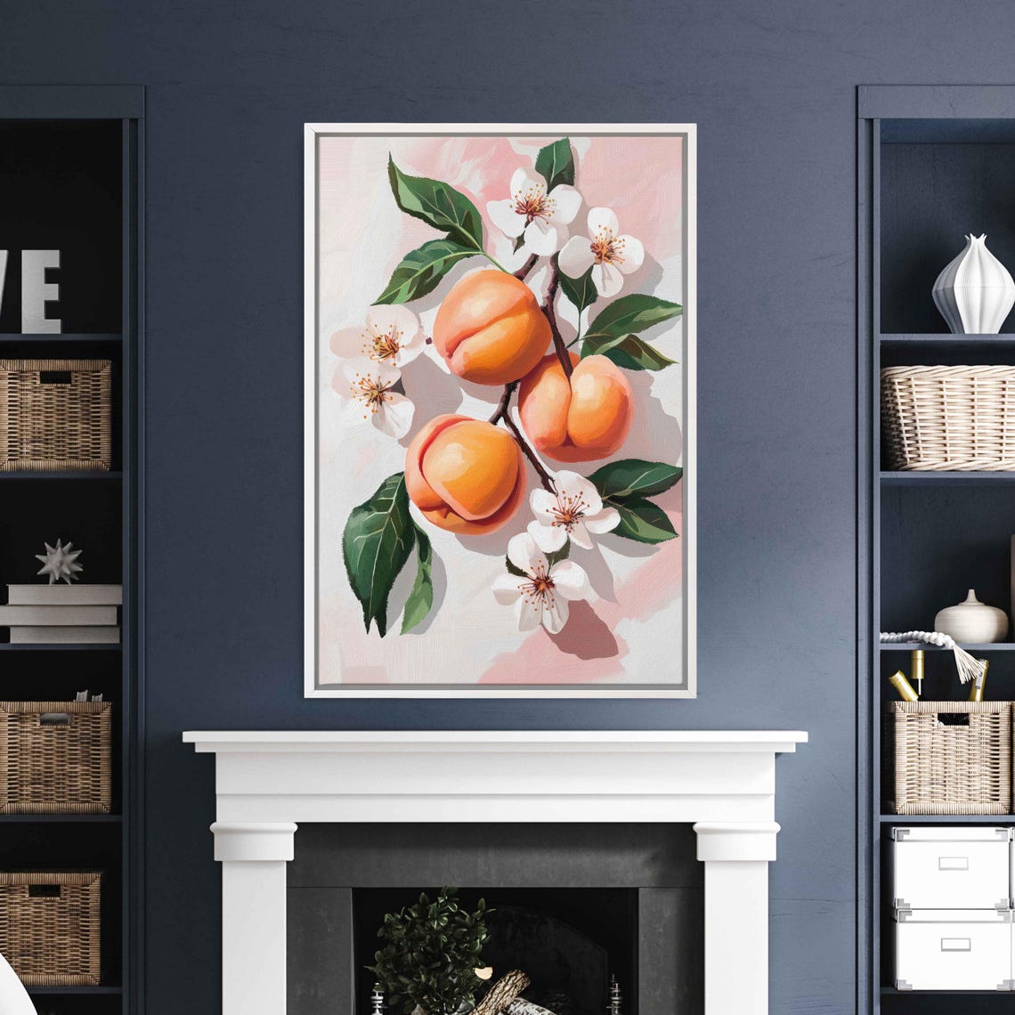 Juicy Peaches White Blossoms Soft Pink Watercolor Botanical Art Poster - Image 3