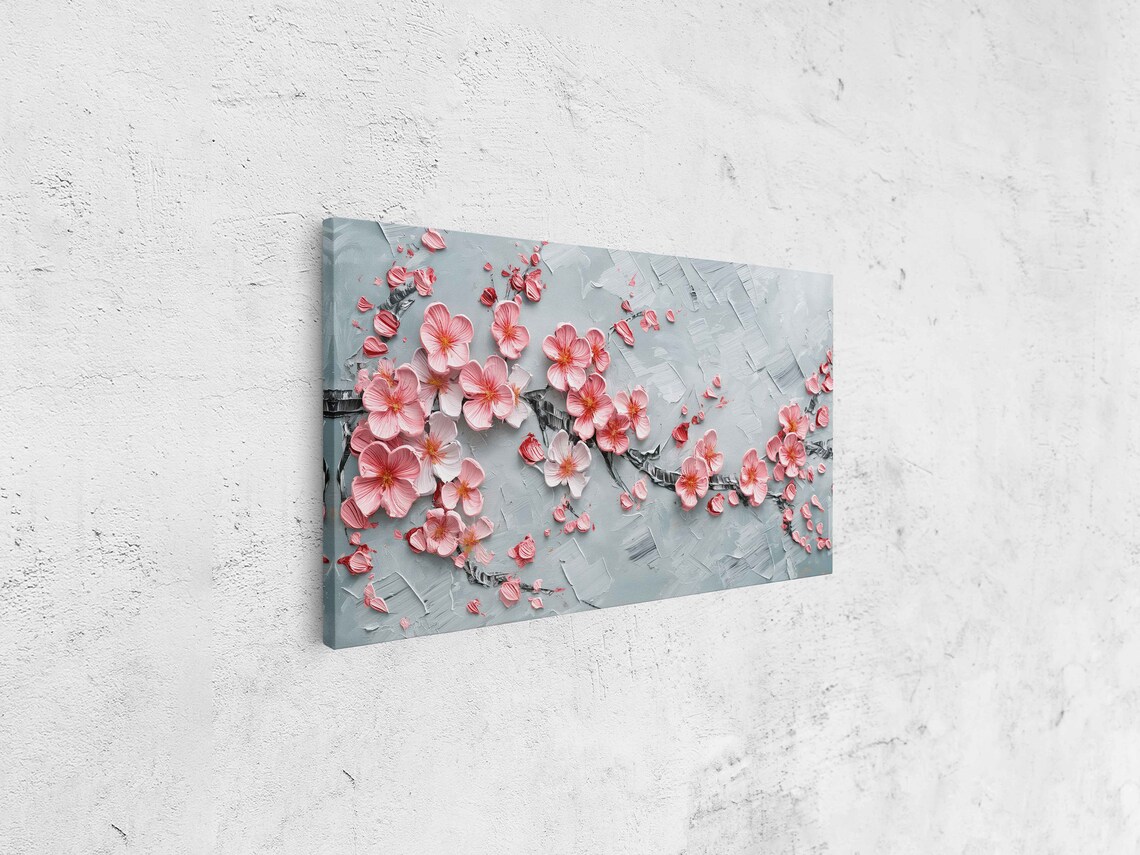 Pink Cherry Blossom Branch Impasto Floral Painting Art Print - Image 4