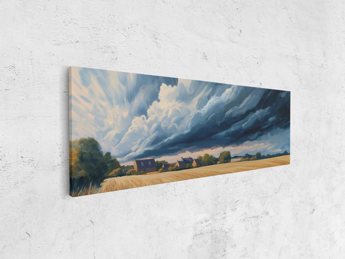 Stormy Sky Over English Village Wall Art Print Dramatic Nature Landscape Acrylic Painting - Image 4