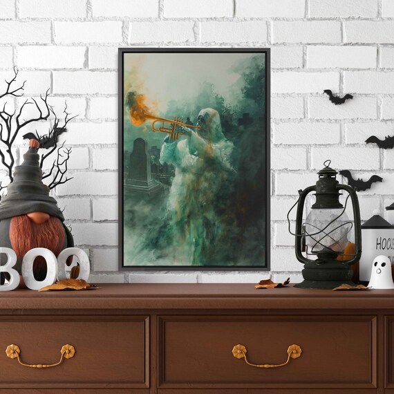 Ghostly Musician Playing Trumpet Misty Green Graveyard Poster