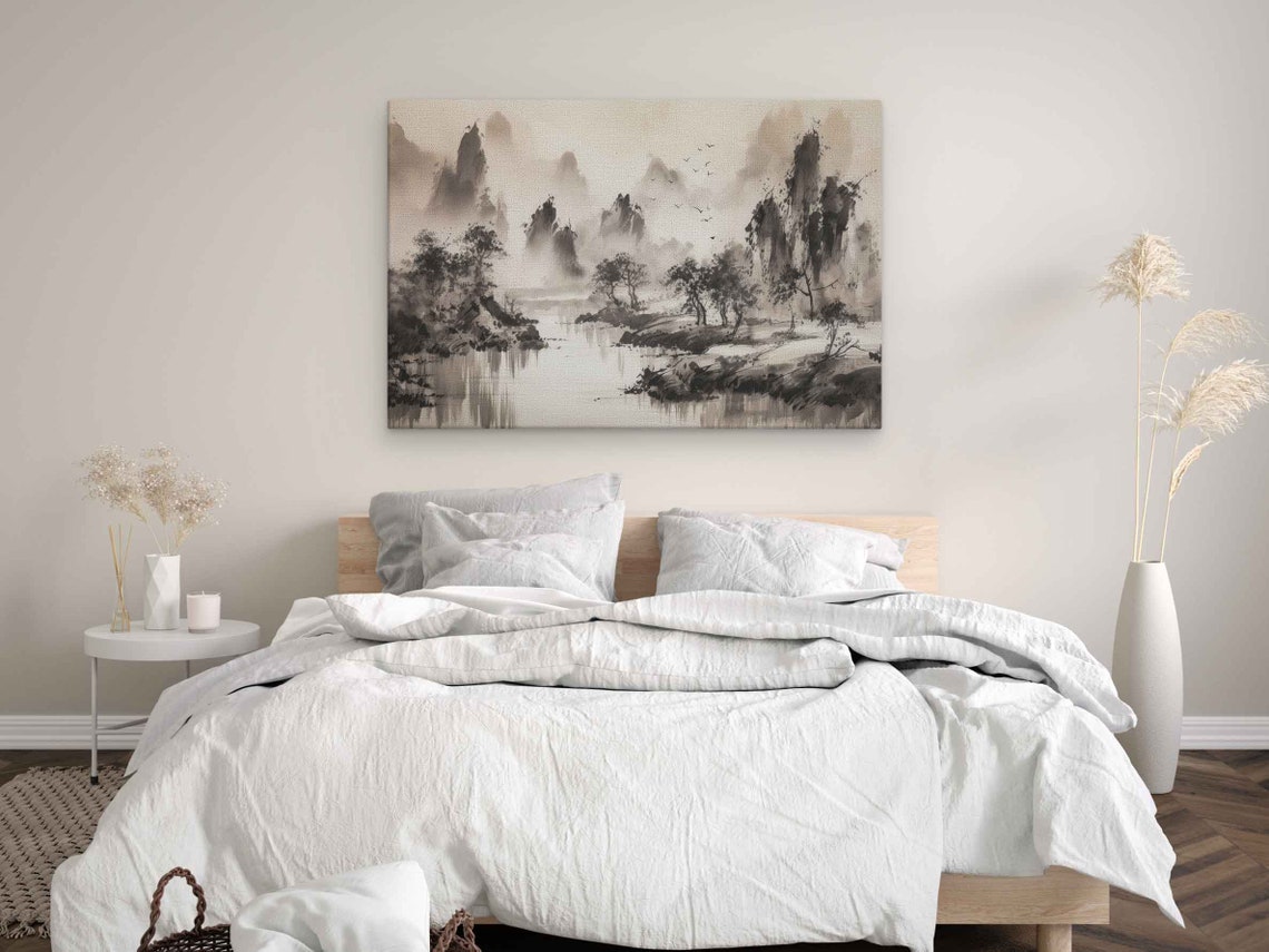 Chinese Ink Wash Mountain Landscape Misty River Birds Sepia Poster - Image 3