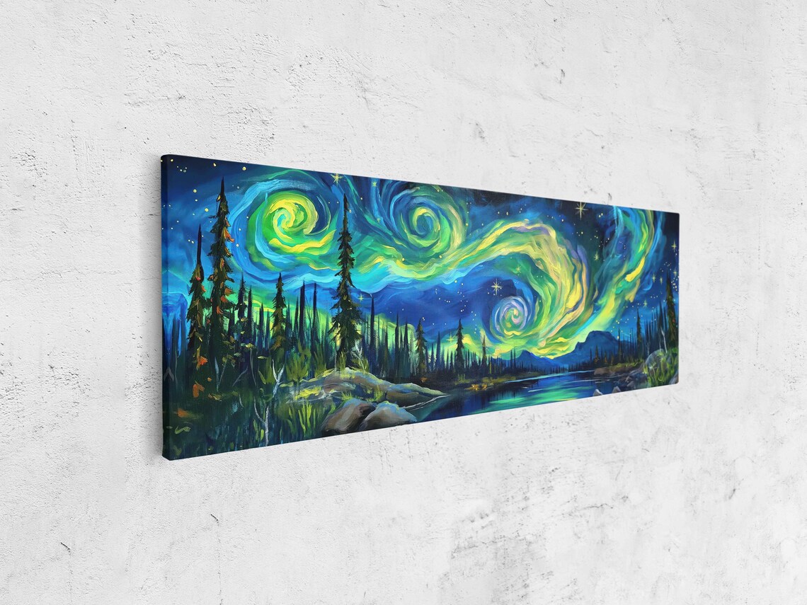 Starry Night Aurora Swirls Over Pine Forest Lake Green Blue Wall Poster - Image 4