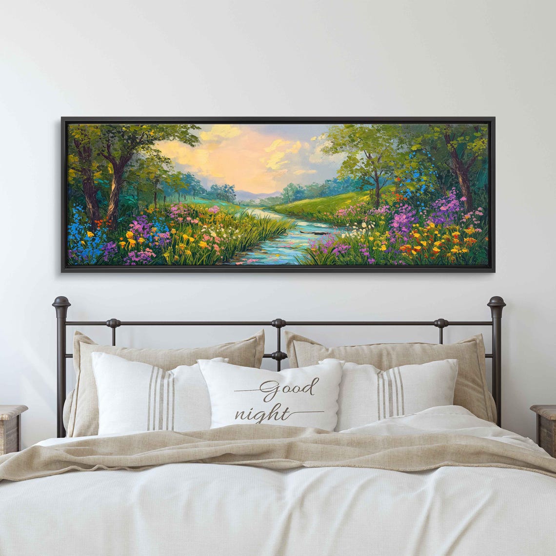 Colorful Wildflowers Lining A Stream At Golden Sunset Poster