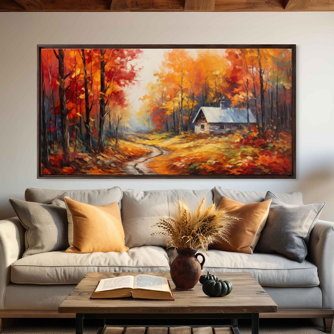 Autumn Cabin In Woods Blazing Fall Foliage Forest Path Art Poster