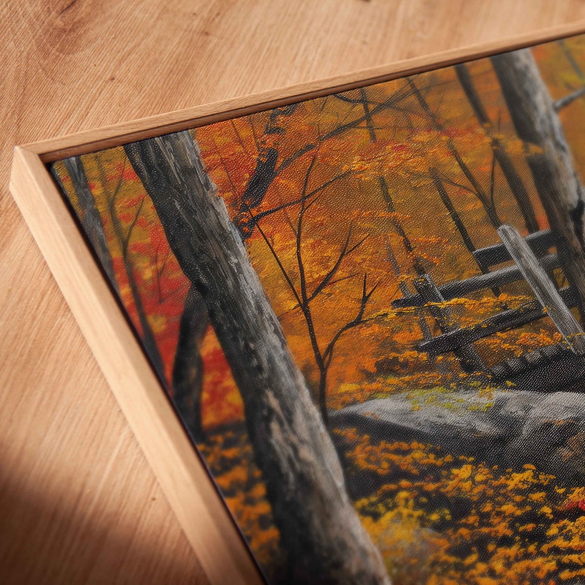 Wooden Bridge Over Boulder Stream In Golden Autumn Forest Art Poster - Image 2