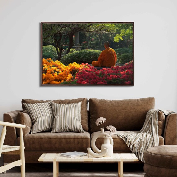 Meditating Monk In Flower Garden Saffron Robes Orange Azaleas Zen Print