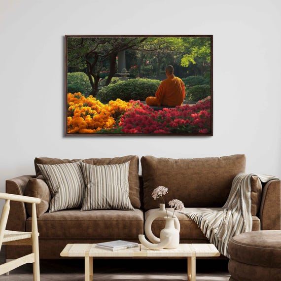Meditating Monk In Peaceful Buddhist Garden Wall Art Print Vibrant Flowers Saffron Robes