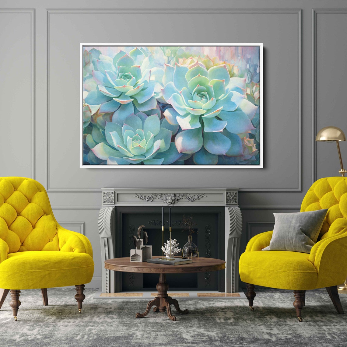 Blue Green Succulent Rosettes Painted Botanical Close Up Wall Art - Image 2
