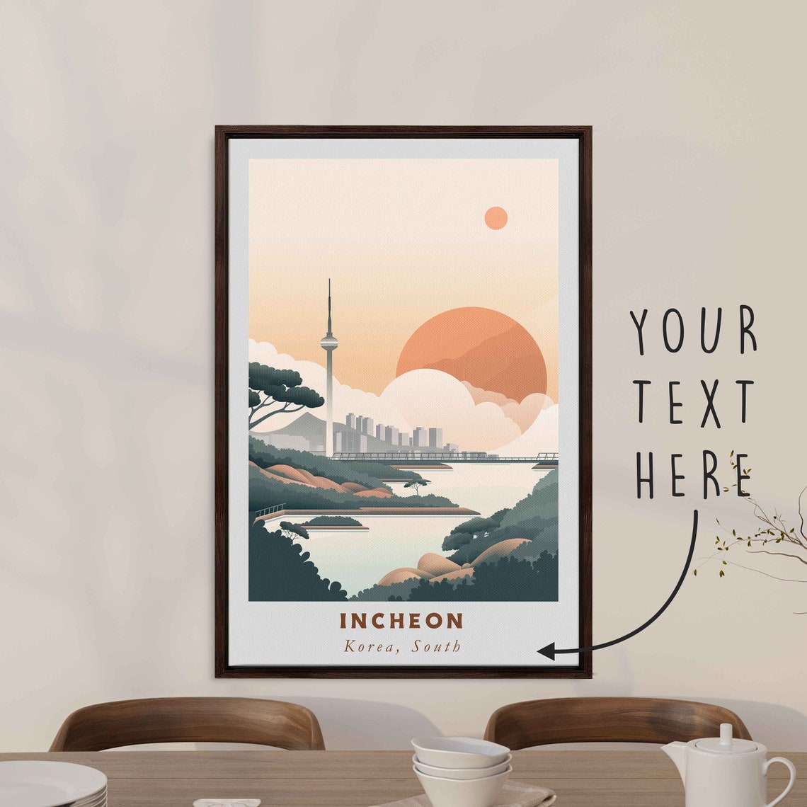 Incheon South Korea Waterfront Tower Sunset Retro Travel Poster