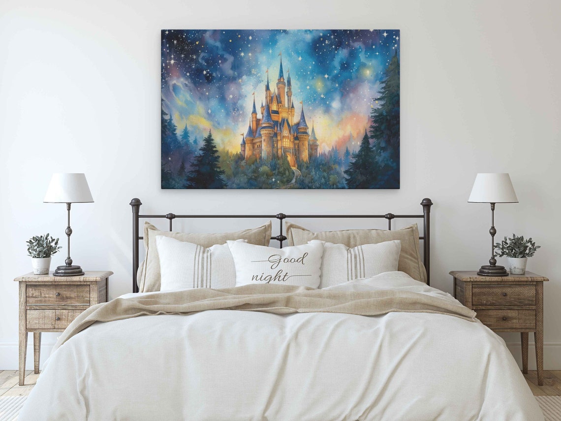Fairy Tale Castle Among Pines Starry Blue Night Sky Wall Poster - Image 3
