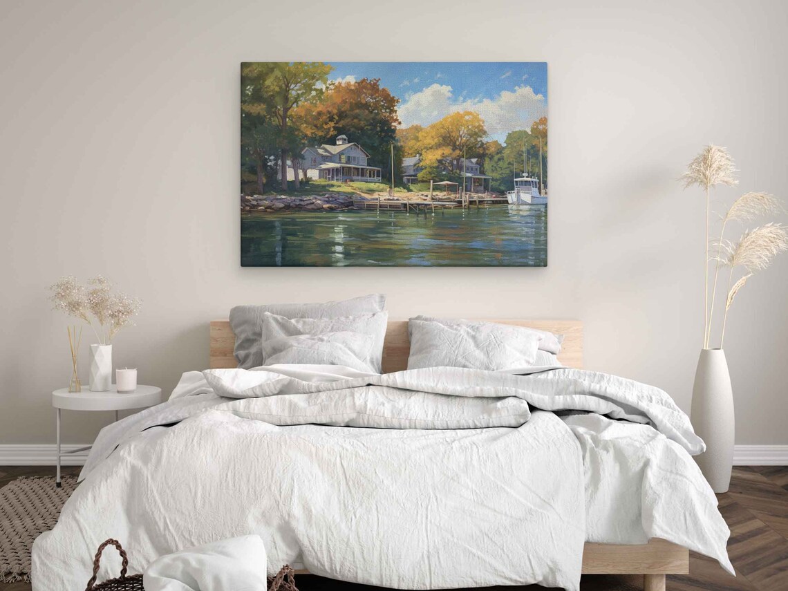 Pentwater Michigan Lake Dock Boats And Cottages Autumn Painting Poster - Image 3