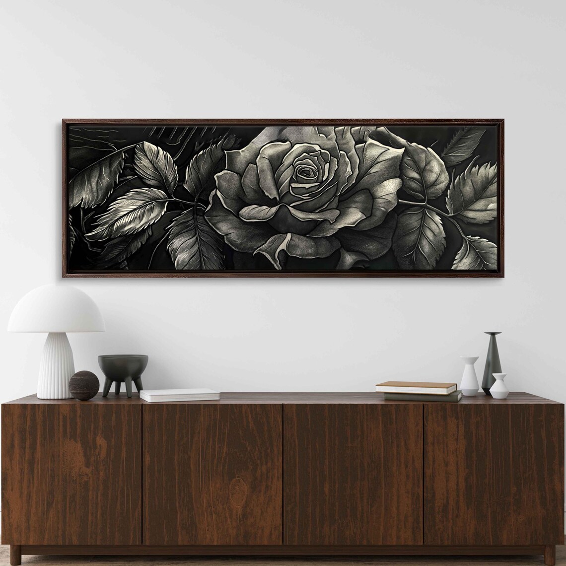 Gothic Black Rose Bloom Monochrome Floral Ink Painting Halloween Poster