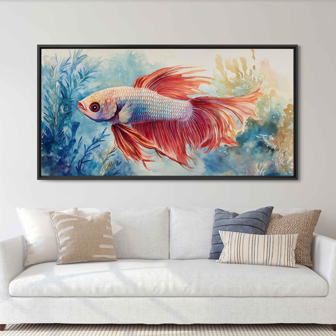 Betta Fish Watercolor Wall Art Print Vivid Fins Brilliant Hues Underwater Greenery