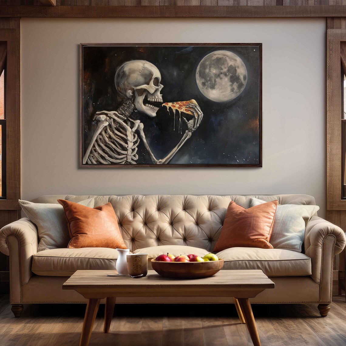 Skeleton Eating Pizza, Halloween Oil Painting Art Print