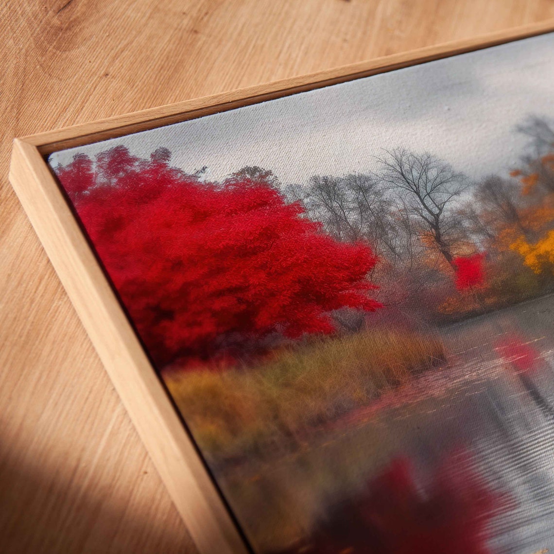 Tranquil Autumn Pond Ducks Calm Water Fiery Maple Reflections Poster - Image 2