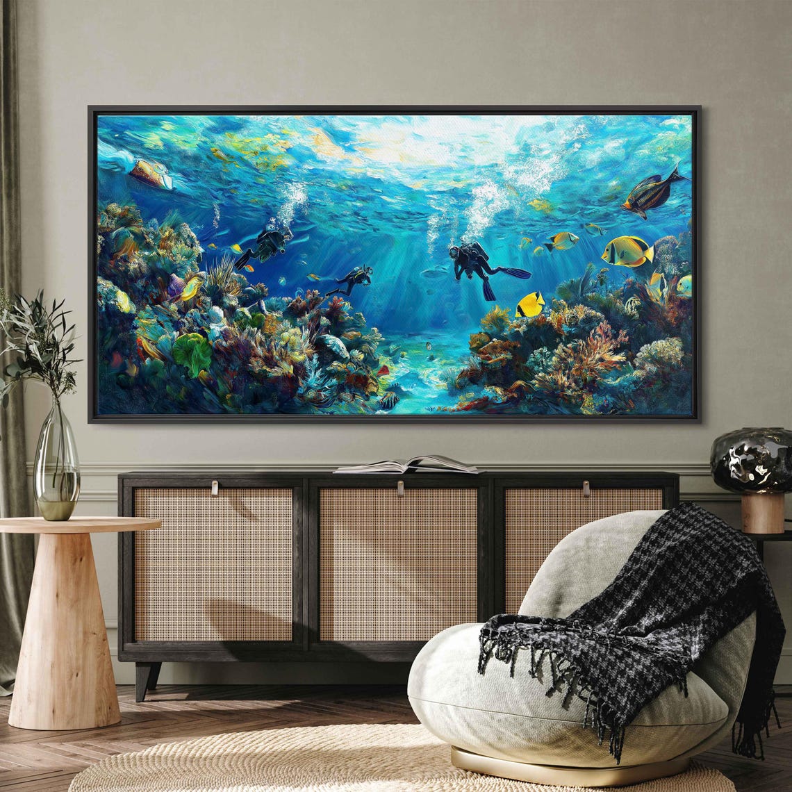 Scuba Divers Coral Reef Underwater Tropical Fish Vibrant Ocean Poster