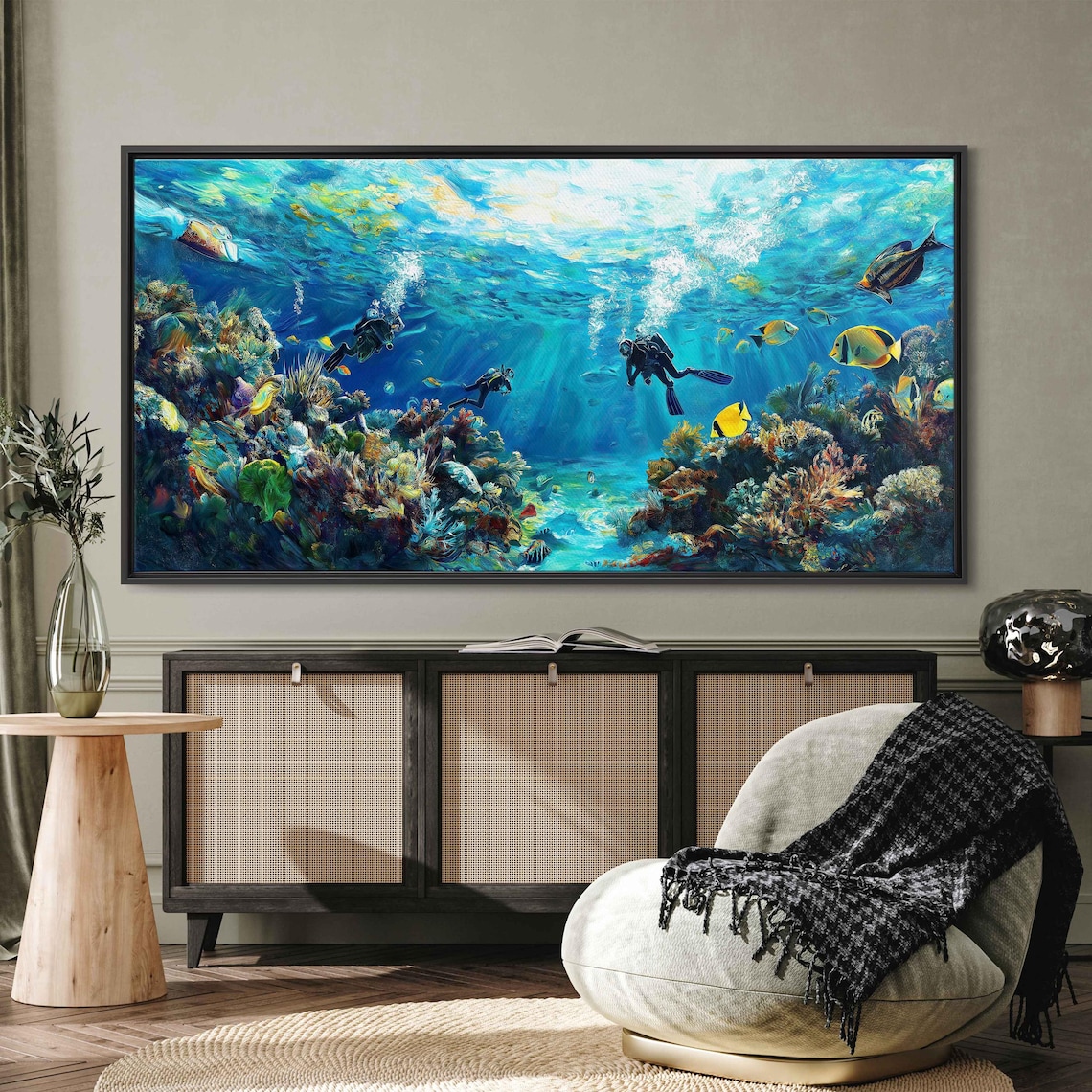Underwater Scene With Snorkeling Divers Wall Art Print Vibrant Coral Reefs Tropical Fish
