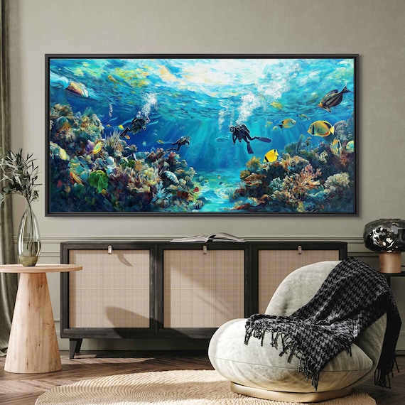 Underwater Scene With Snorkeling Divers Wall Art Print Vibrant Coral Reefs Tropical Fish