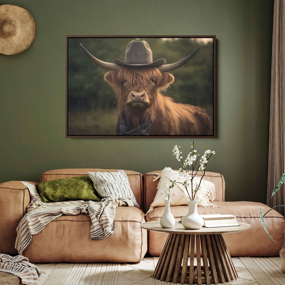 Highland Cow in Cowboy Hat Rustic Wall Art Print