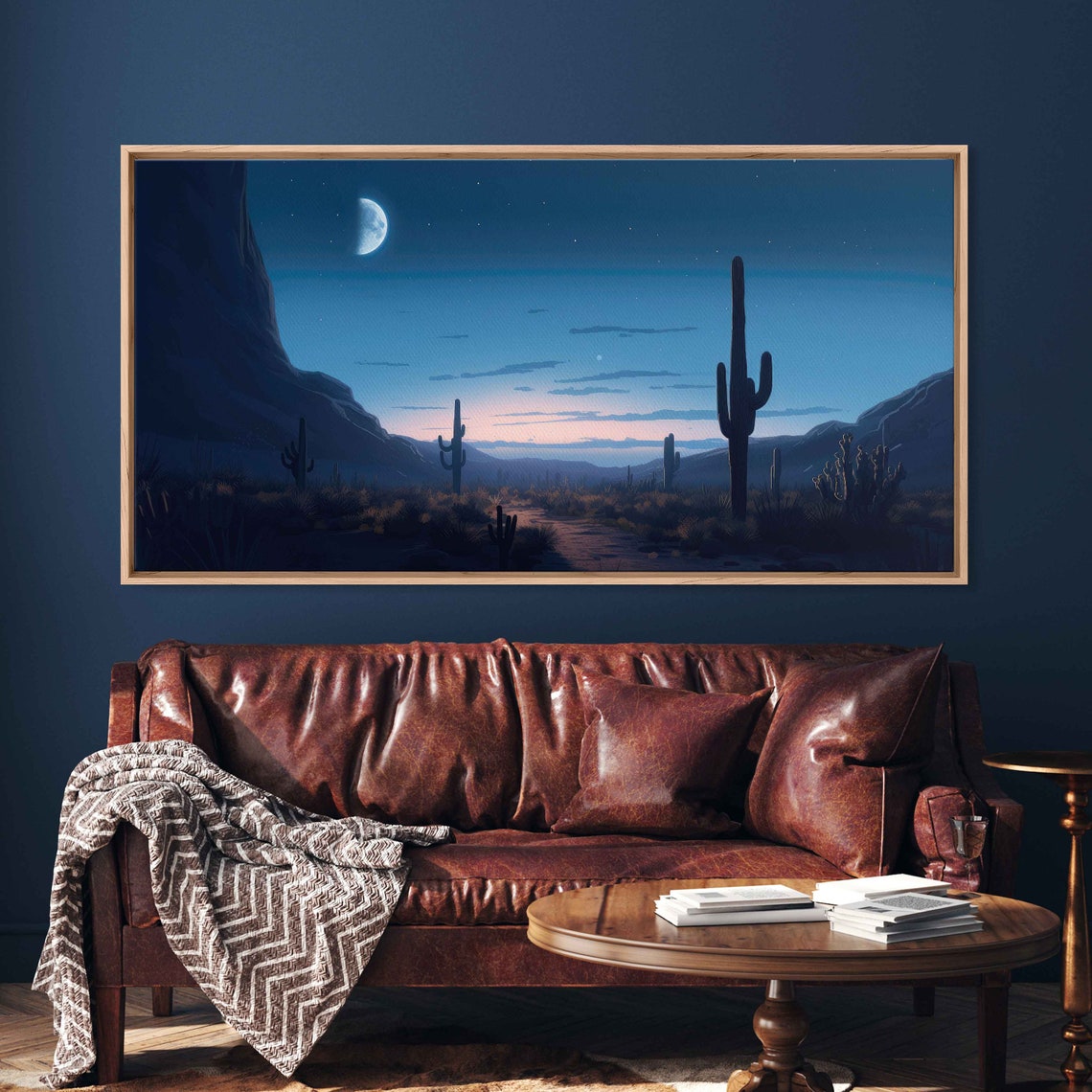 Crescent Moon Blue Desert Night Saguaro Cacti Scenic Art Poster - Image 2